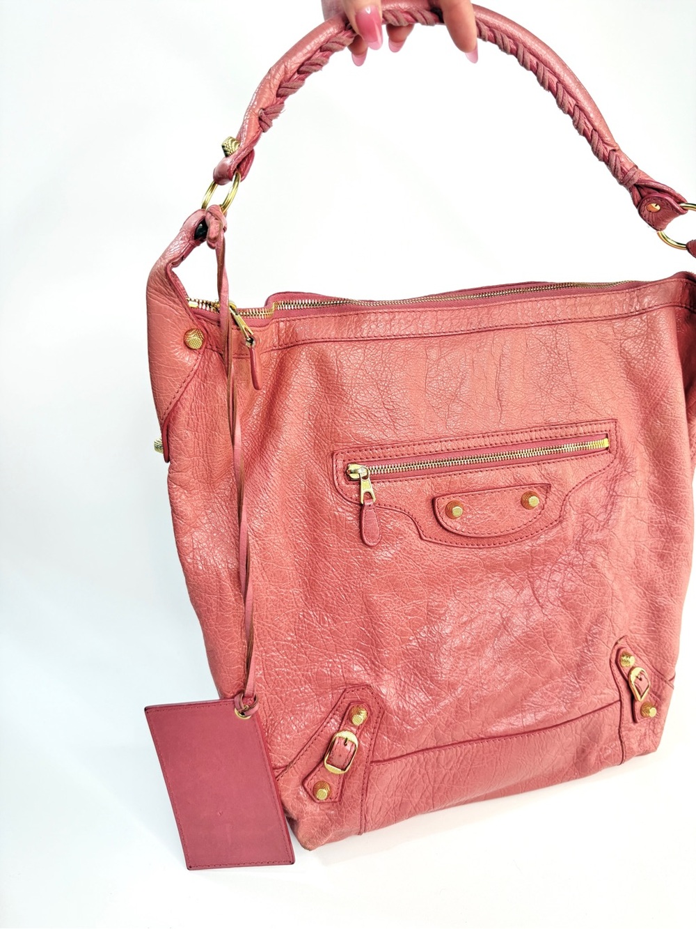 Auth Balenciaga Pink Leather Shoulder Hobo Bag motorcycle giant city hardware
